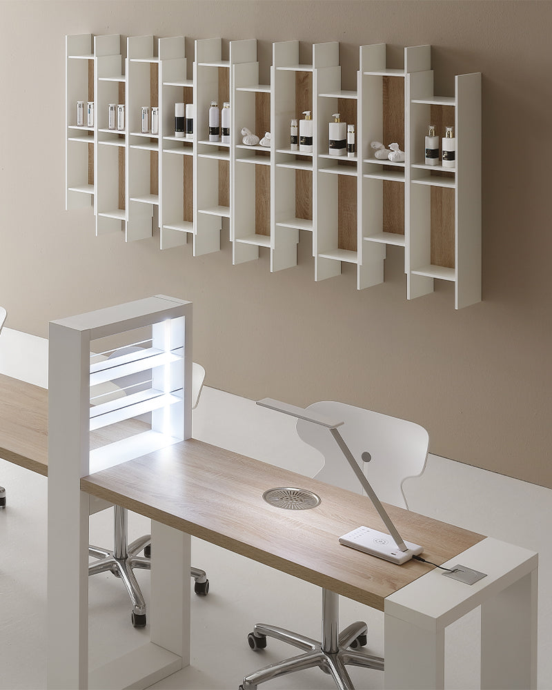 Slim - Présentoir de vente blanc avec détails motif chêne